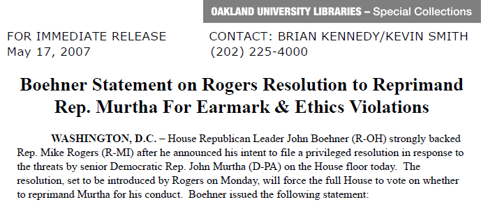Press release about Speaker Boehner's support of Rogers in reprimanding Congressman Murtha